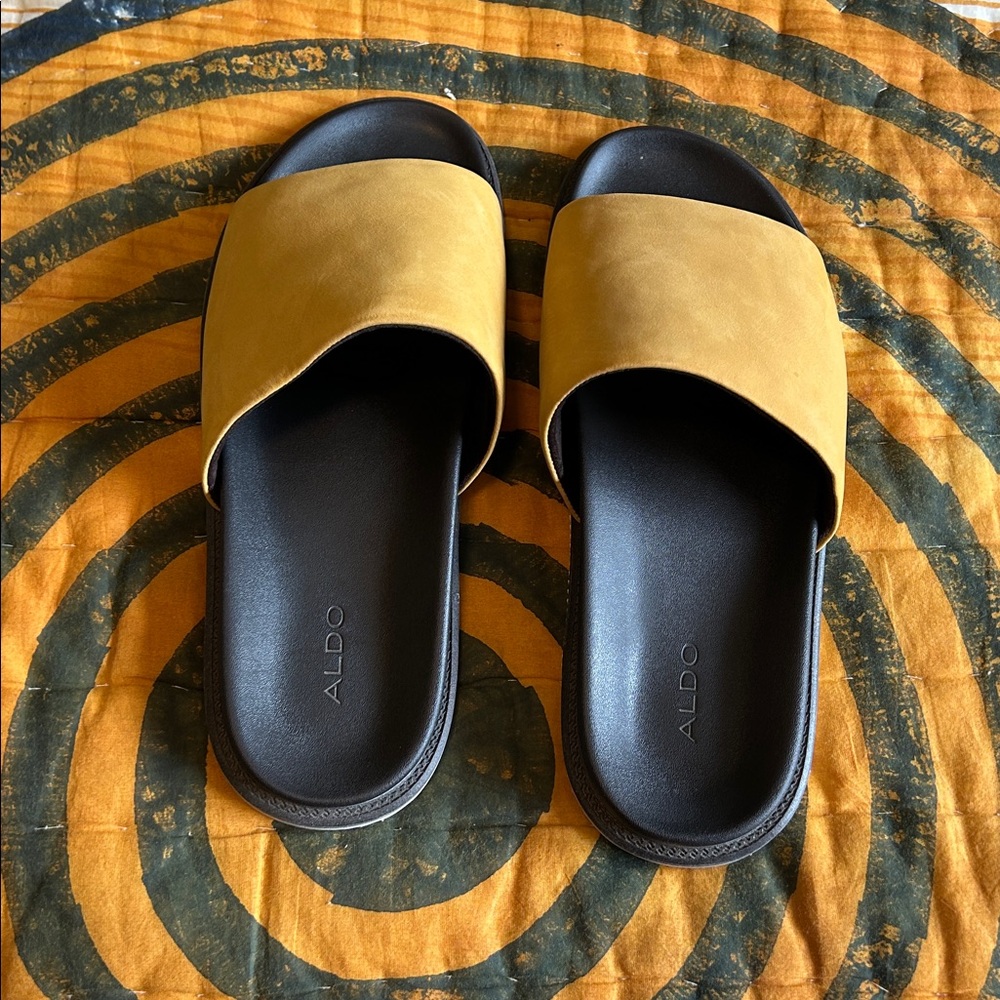 Aldo Mustard and Black Slide Sandals